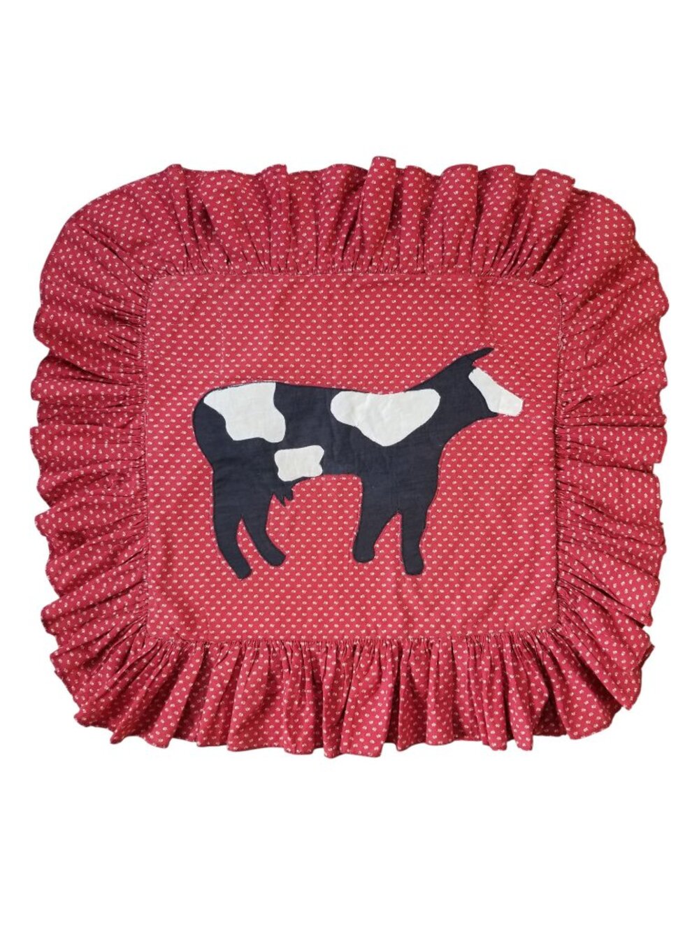 Vintage Cow Pillow Cover Ruffled Red Calico Cotton Black & White Holstein